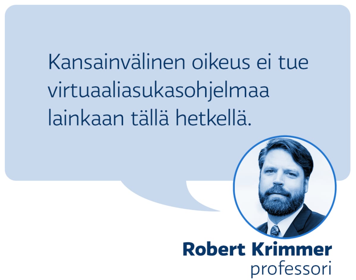 Robert Krimmer, professori
Kansainvälinen oikeus ei tue virtuaaliasukasohjelmaa lainkaan tällä hetkellä.