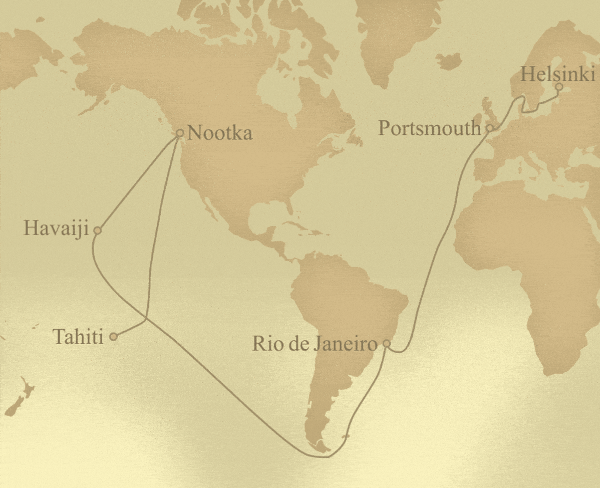 Gif-animaatioPeter Hagersteinin purjehdusreitistä 1700-luvulla.