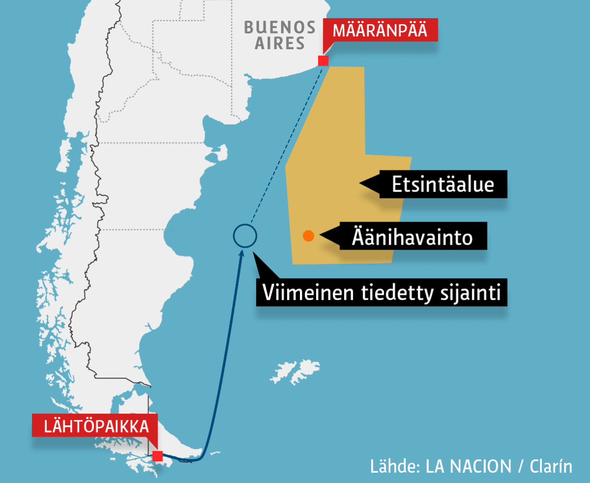 Karttakuva kadonneesta sukellusveneestä, jossa tulee ilmi etsintäalue sekä äänihavainnon alue