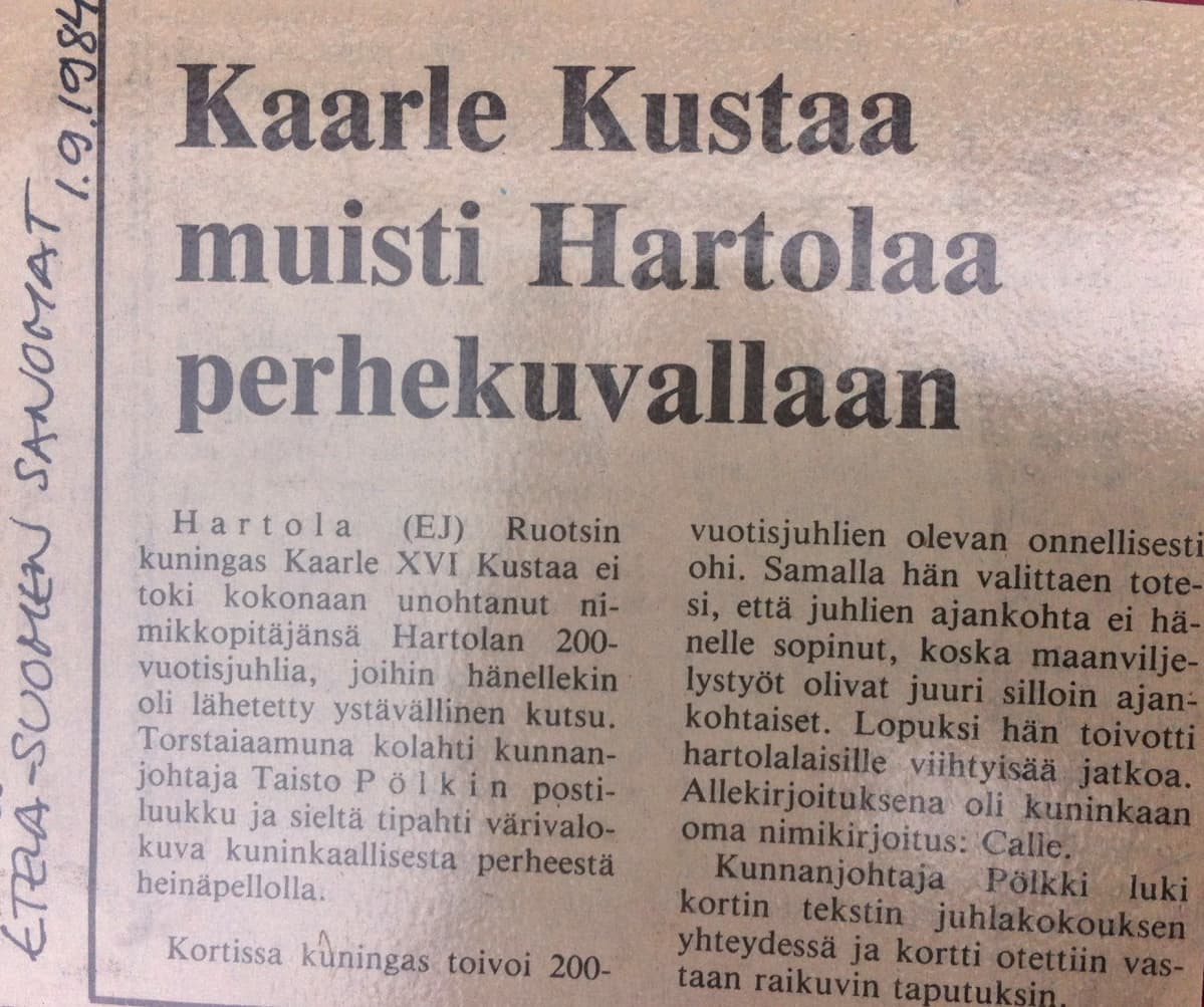 Hartolaa koskeva lehtileike