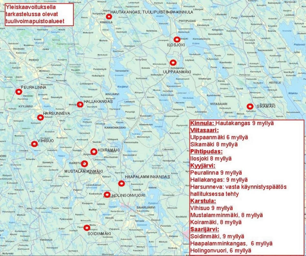 Keski-Suomen tuulivoimahankkeet kartalla huhtikuussa 2015.