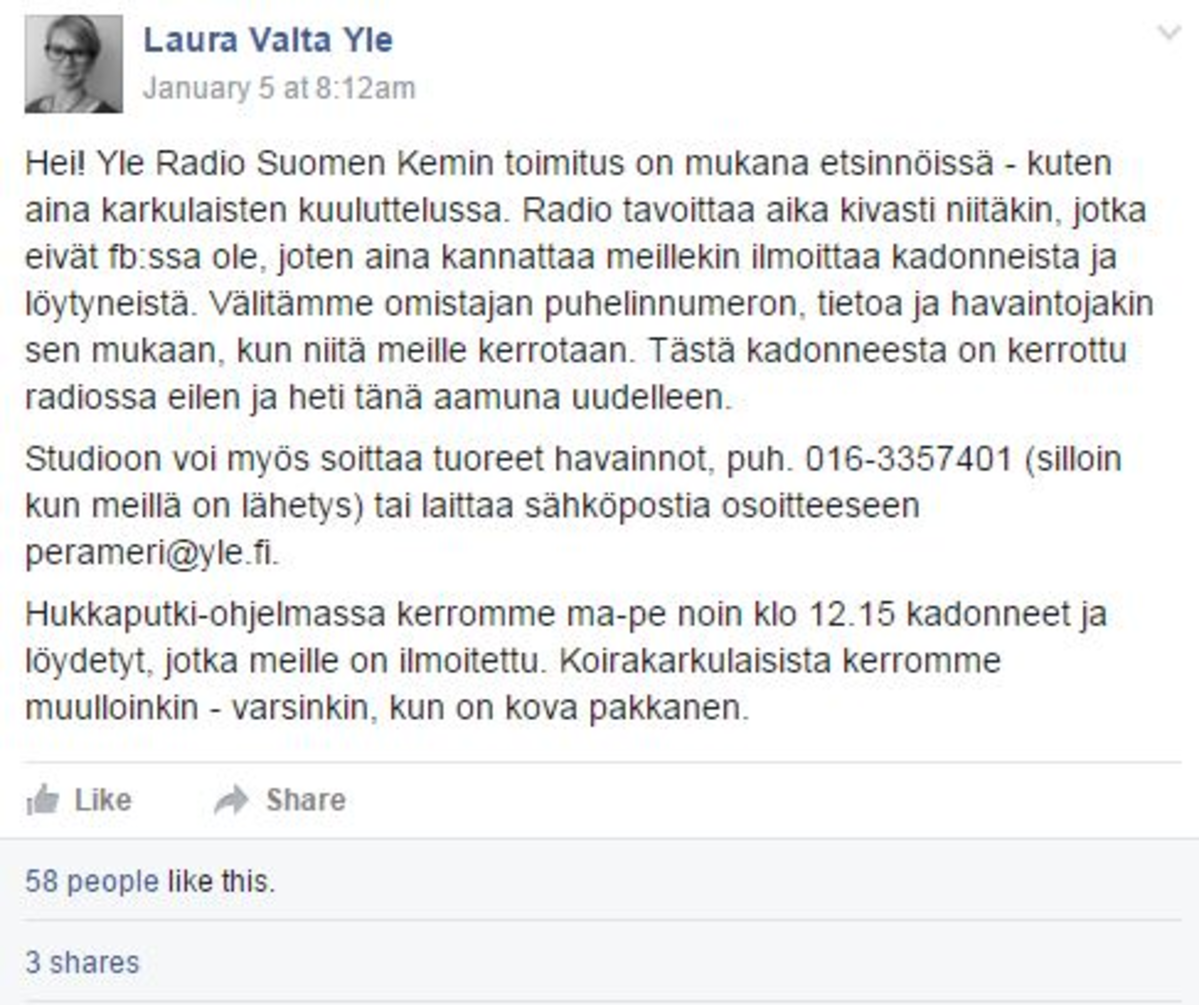 Osku koiraa haettiin myös Radio Suomen avulla Kemissä.