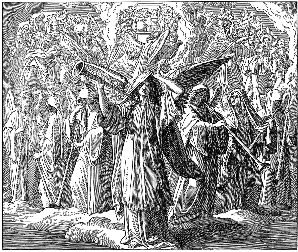 Kuvitus katolisesta kuvaraamatusta Book of Revelation 8,1;2, New Testament, Catholic Picture-Bible
The seventh seal of the book, Lamb opening of seven seals