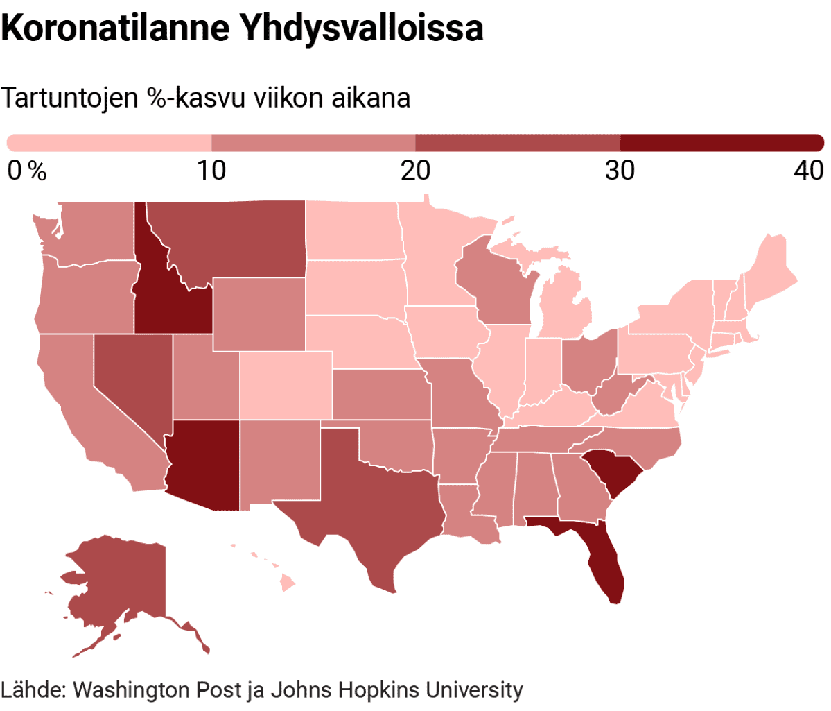 Infokartta koronatilanteessa Yhdysvalloissa.