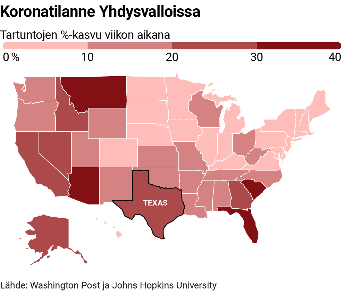 Infokartta koronatilanteessa Yhdysvalloissa.