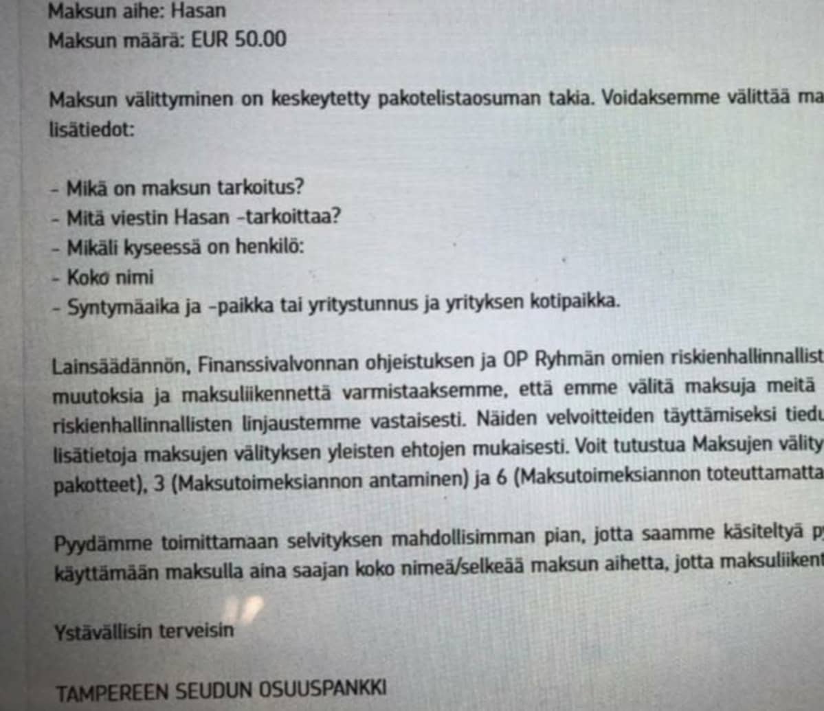 pankilta tullut viesti maksun keskeyttämisestä
