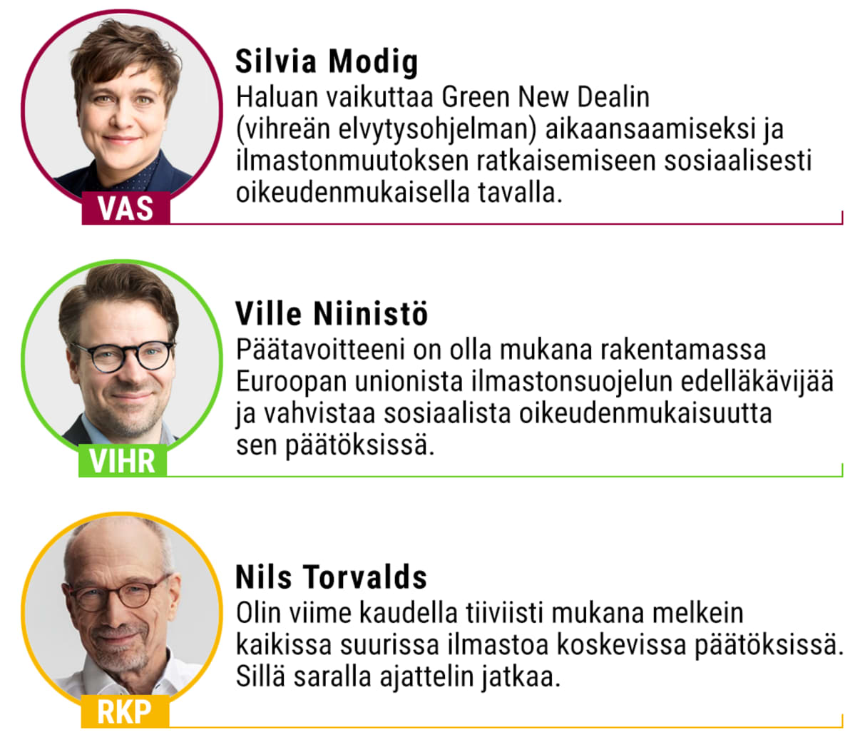 Kysely mepeille Silvia Modig, Ville Niinistö ja Nils Torvalds