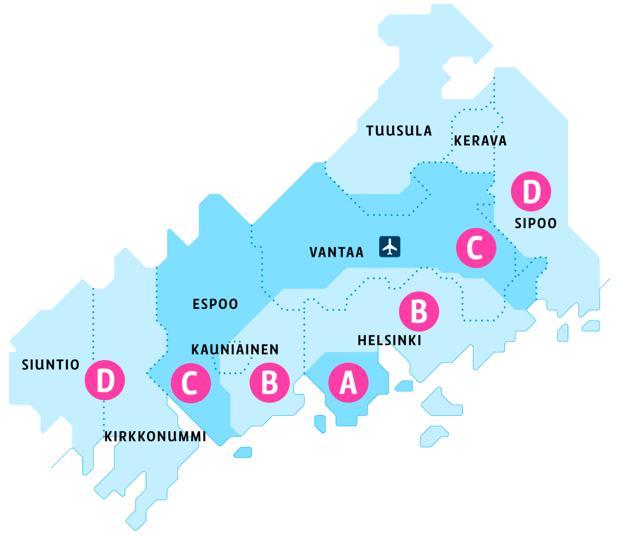 Pelkistetty kartta HSL vyöhykkeistä.
