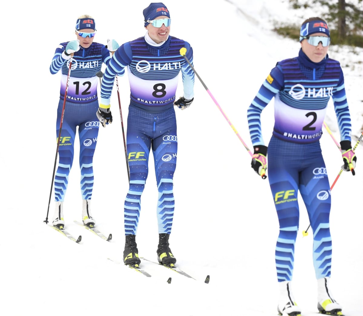 Anne Kyllönen (vas.), Iivo Niskanen ja Kerttu Niskanen hiihtokuvauksessa Suomen maastohiihtomaajoukkueen mediatapaamisessa Sotkamon Vuokatissa 20. lokakuuta