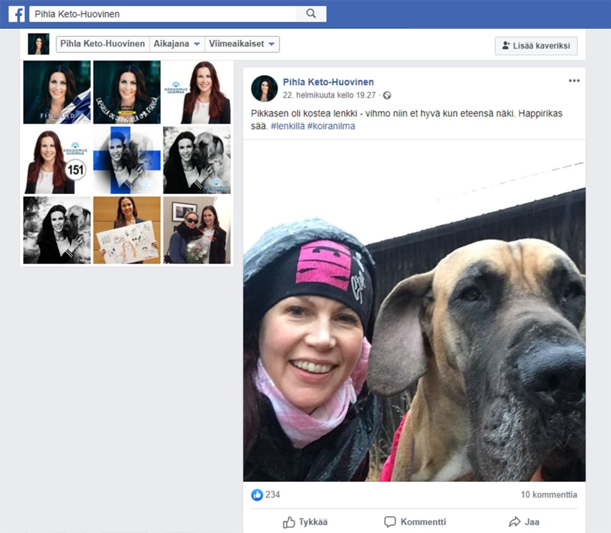 Kuvakaappaus Pihla Keto-Huovisen Facebook-sivulta.