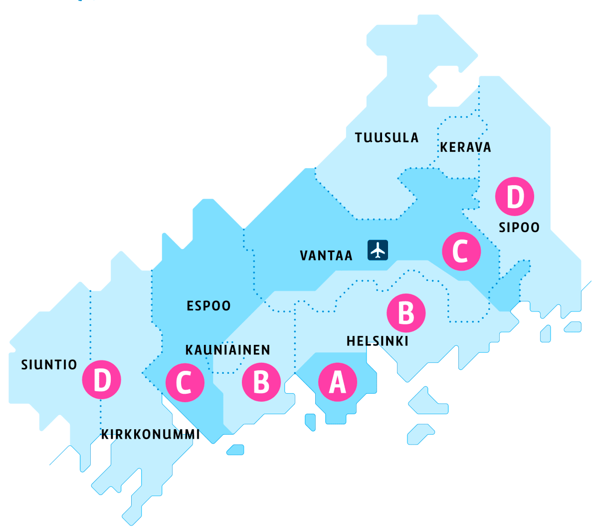Kartta HSL:n vyöhykkeistä.