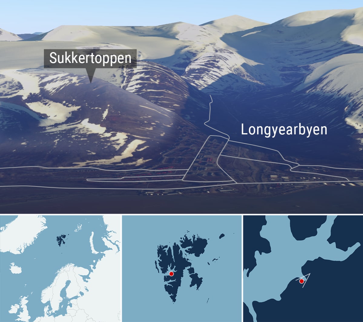 Kartta Sukkertoppen-vuoren sijainnista Longyearbyenin kylässä Huippuvuorilla.