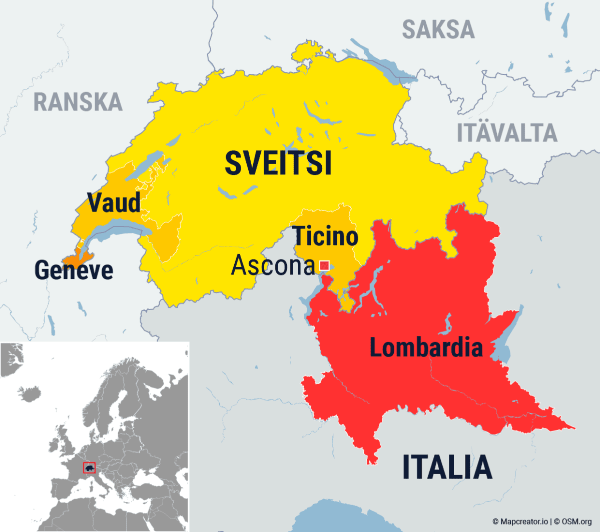 Kartta Sveitsin kolmesta kanttonista: Geneve, Vaud ja Ticino.