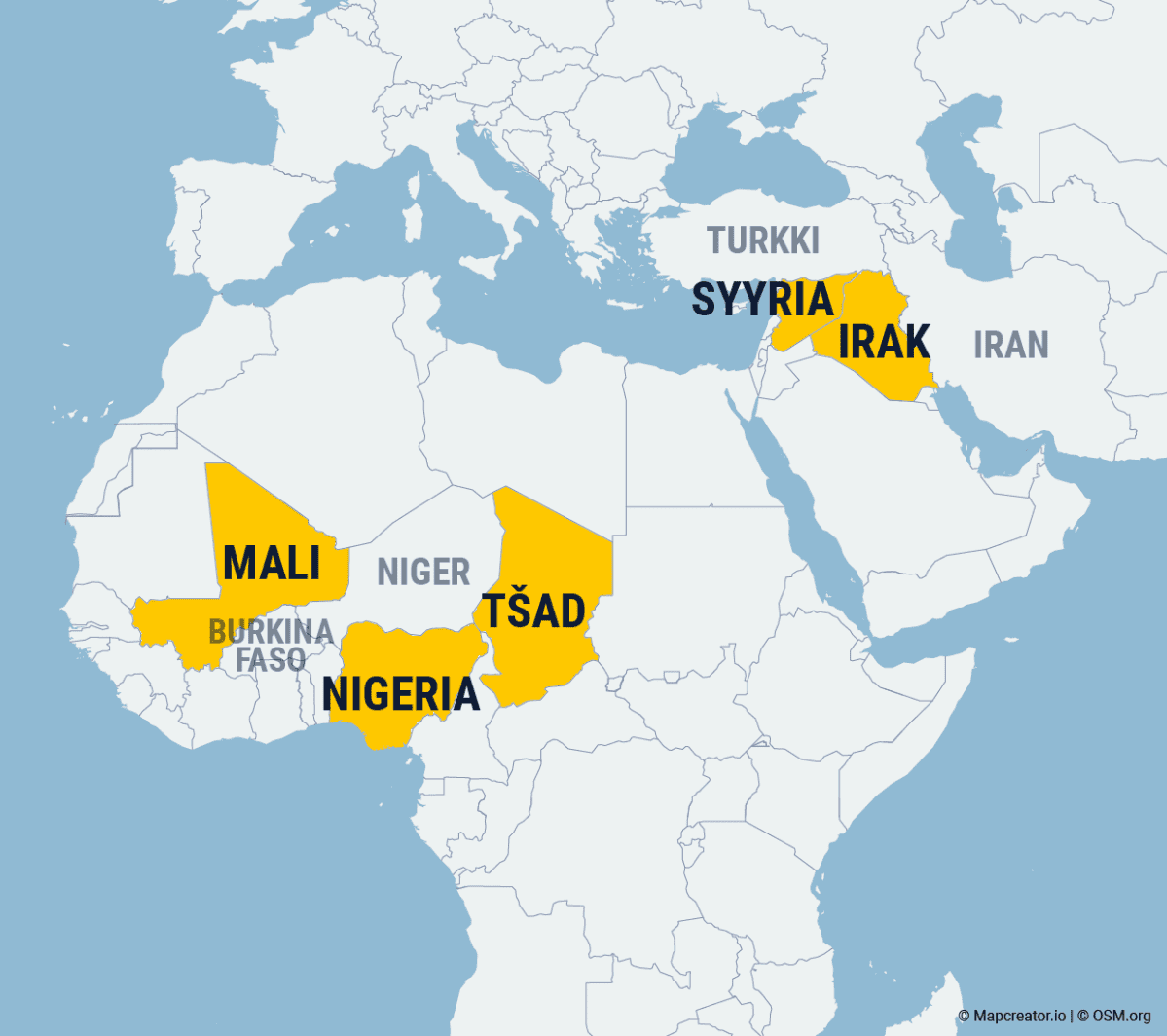 Kartalla Mali, Nigeria, Tsad Syyria ja Irak.