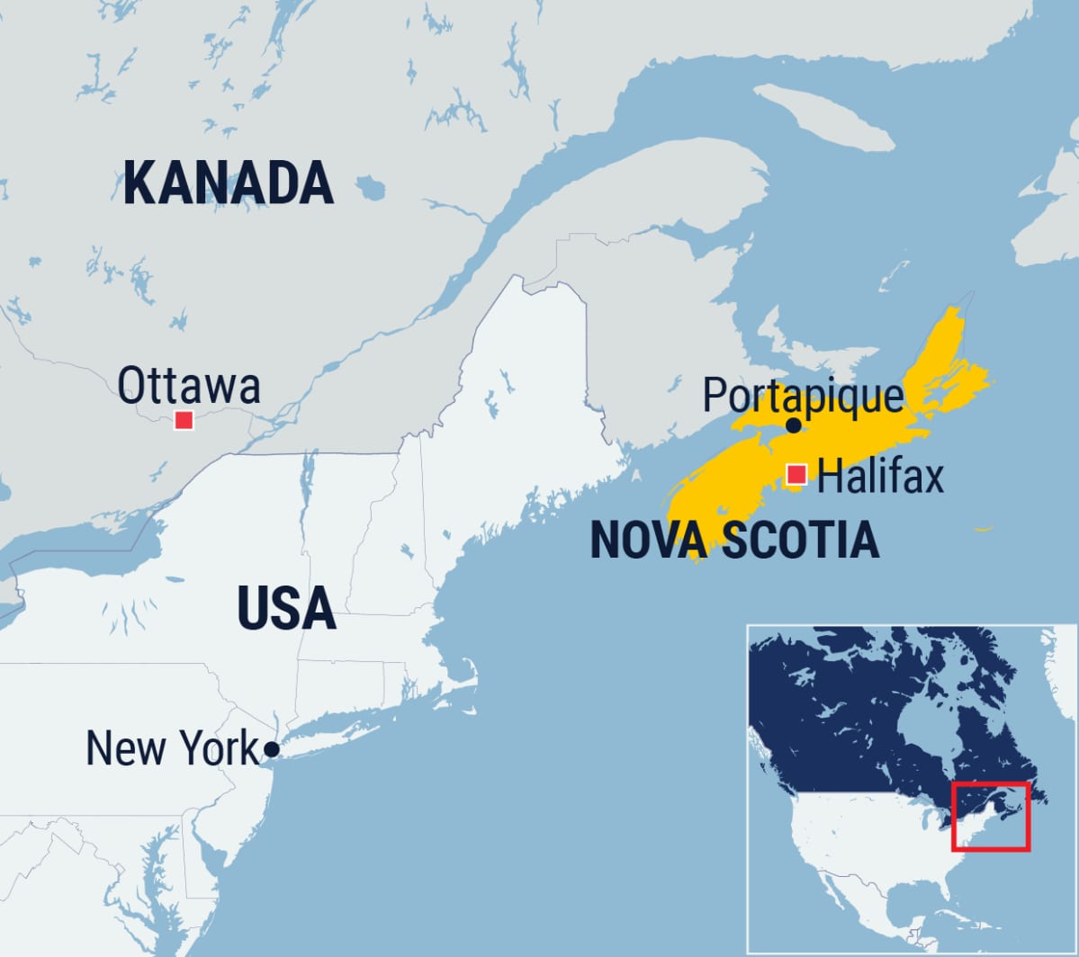 Kartta Nova Scotian sijainnista Kanadassa.