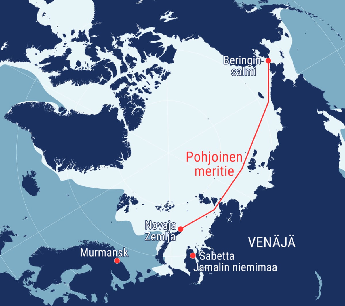 Jäätilanne ja Pohjoinen meritie kartalla Pohjoisella napa-alueella.