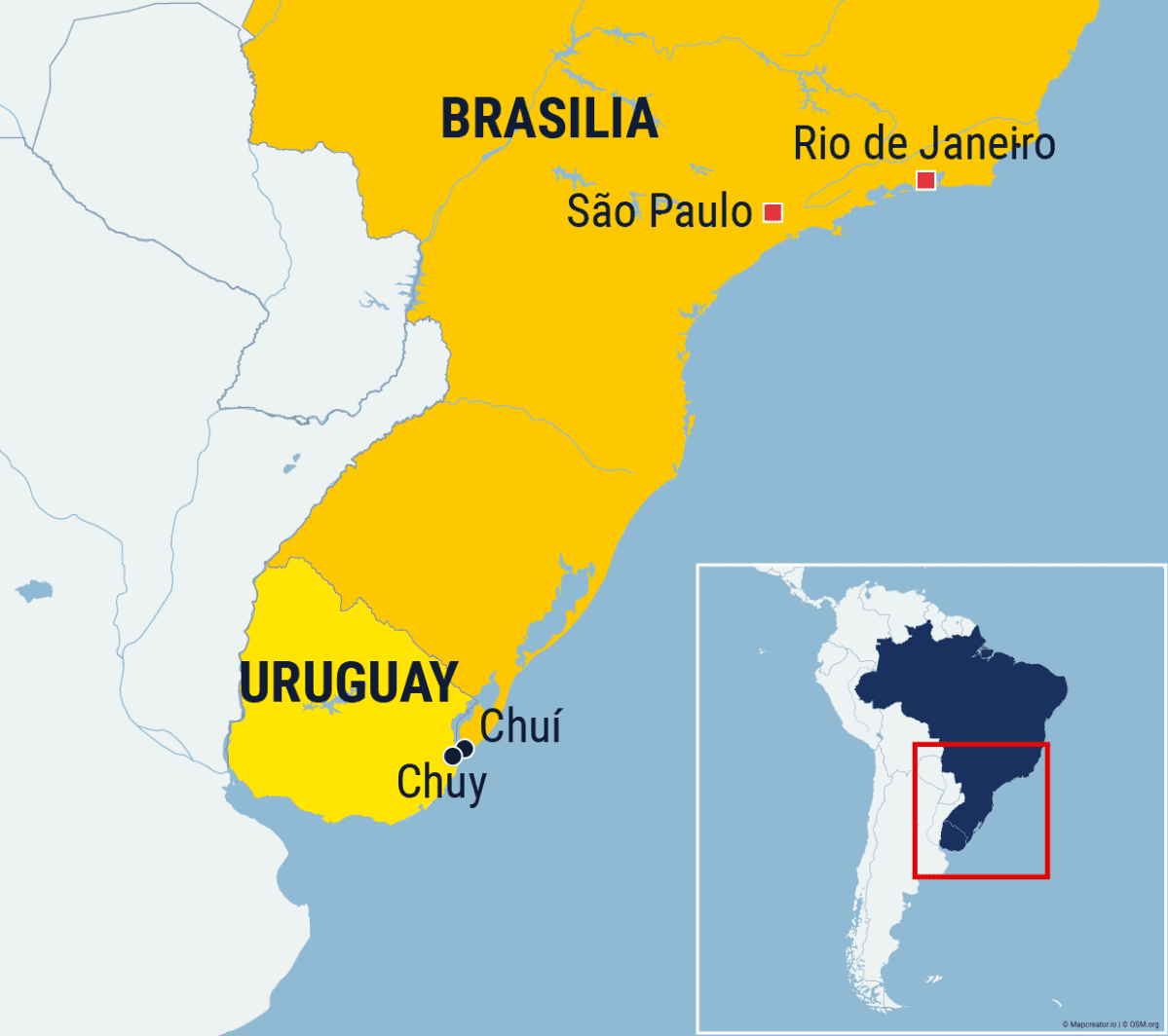 Kartta Uruguayn ja Brasilian rajakaupungeista.