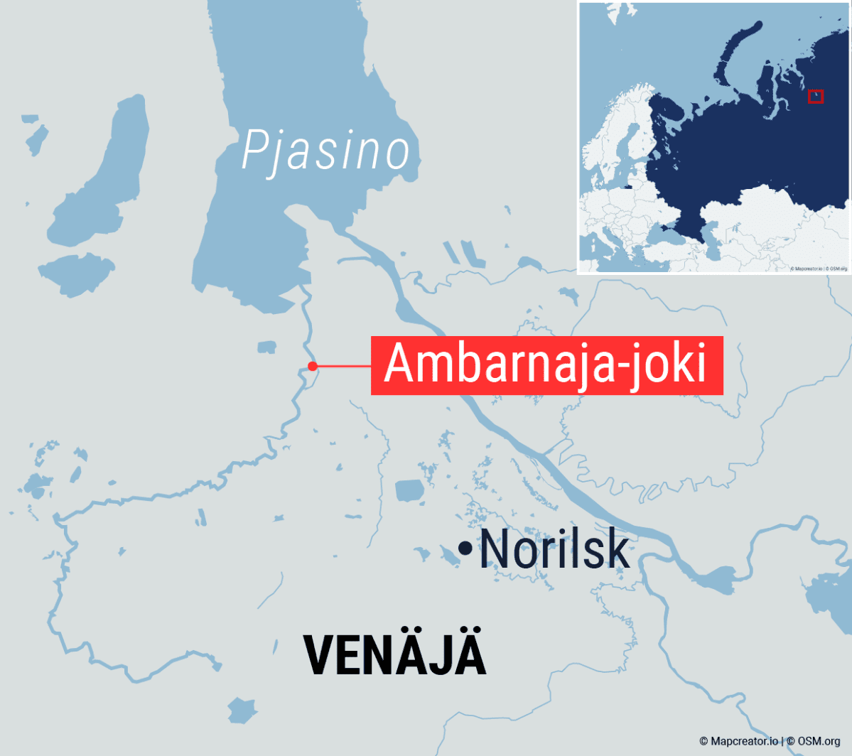 Kartta Ambarnaja-joen sijainnista Venäjällä.