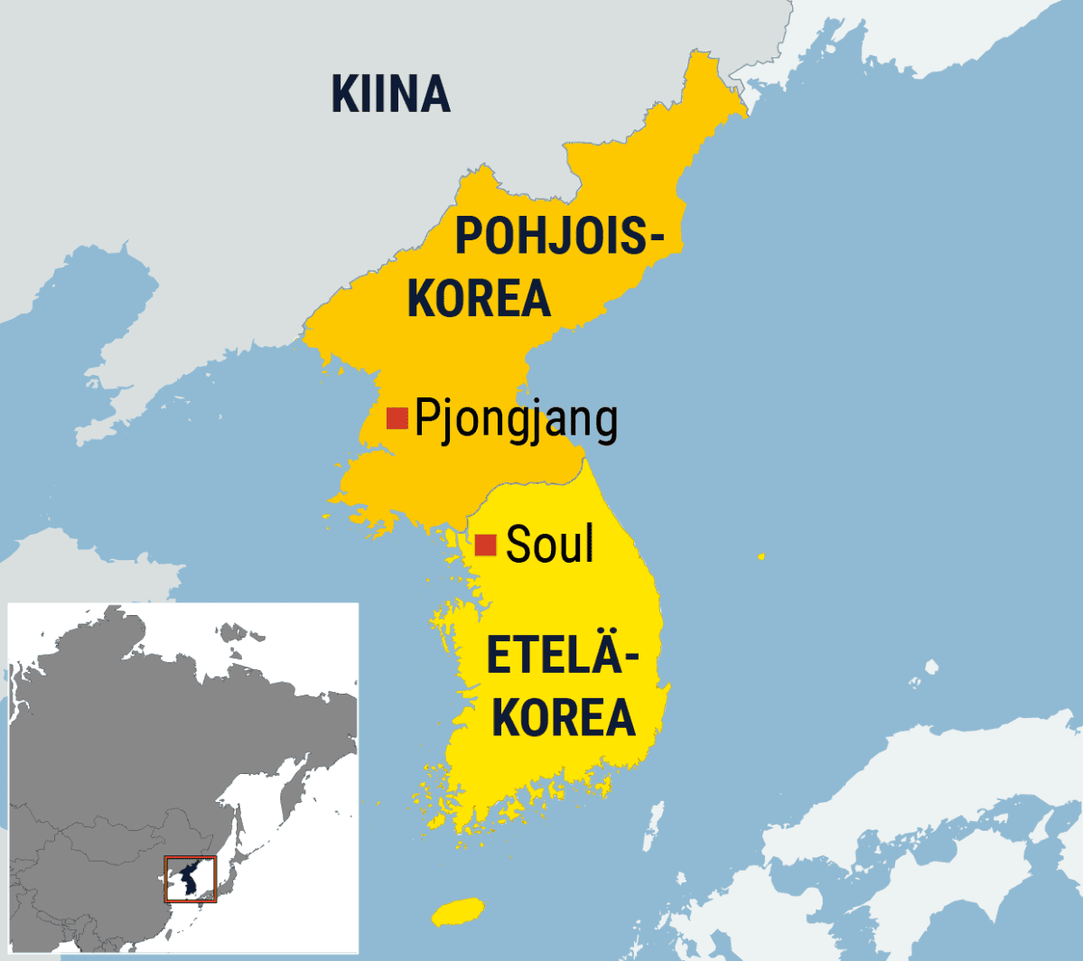 Kartta Pohjois- ja Etelä-Koreasta.