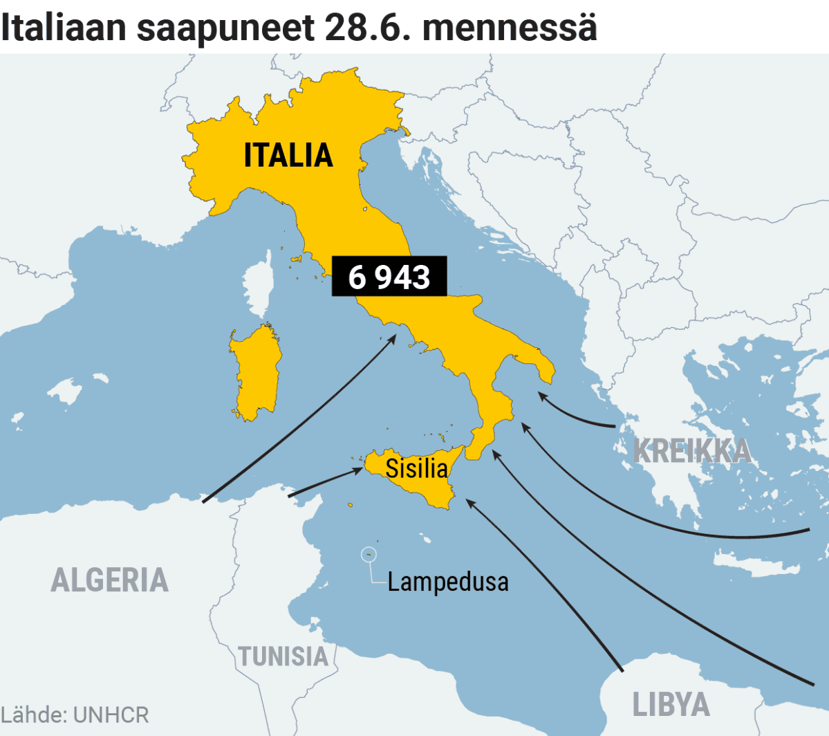 Infokartta Italiaan saapuneista.