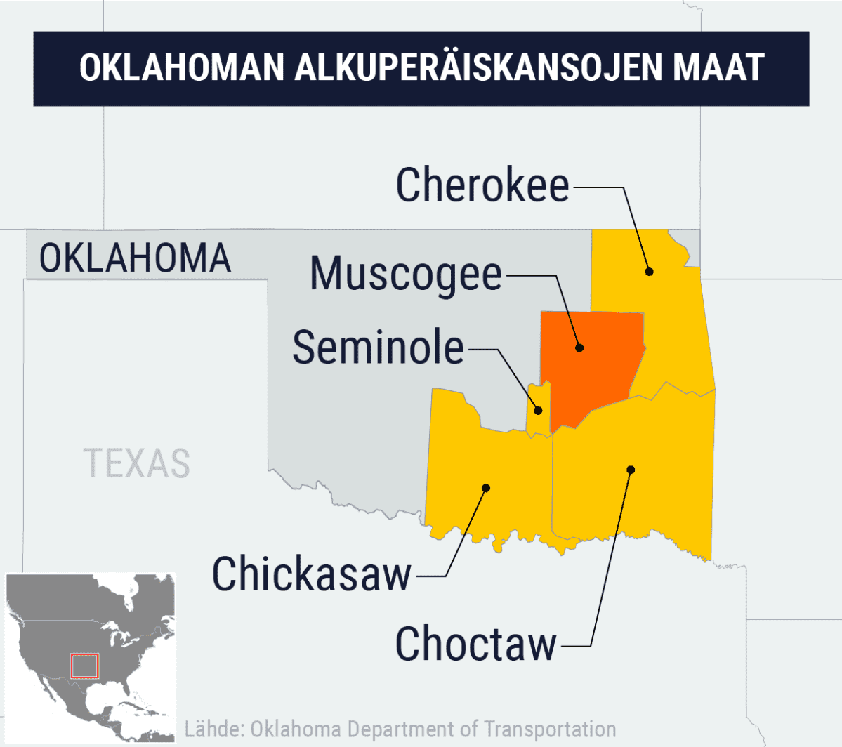 Kartta Ohklahoman alkuperäiskansojen maista