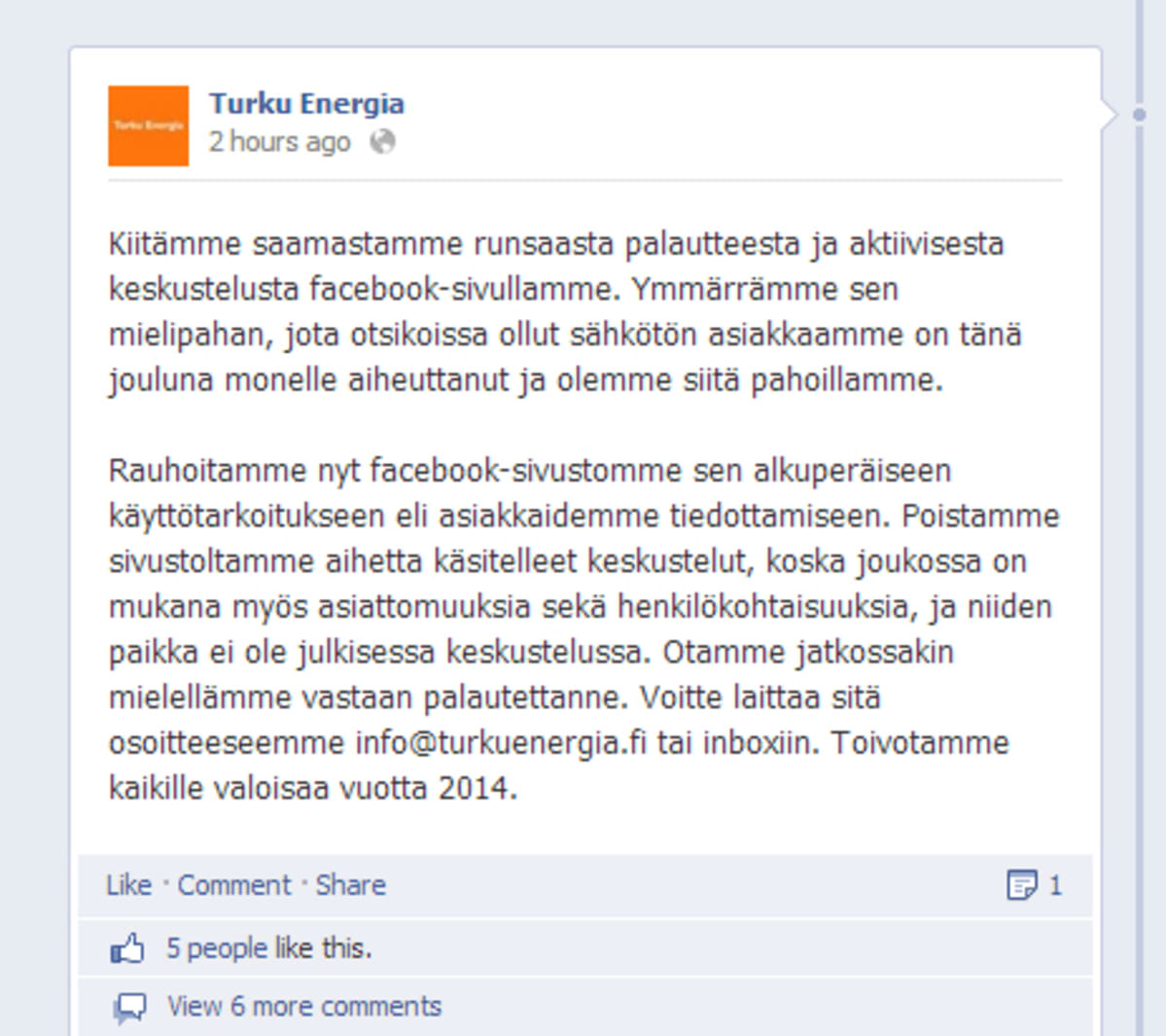 Kuvakaappaus Turku Energian Facebook-sivulta