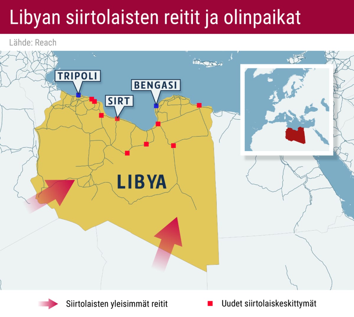 Libyan siirtolaisten reitit ja olinpaikat