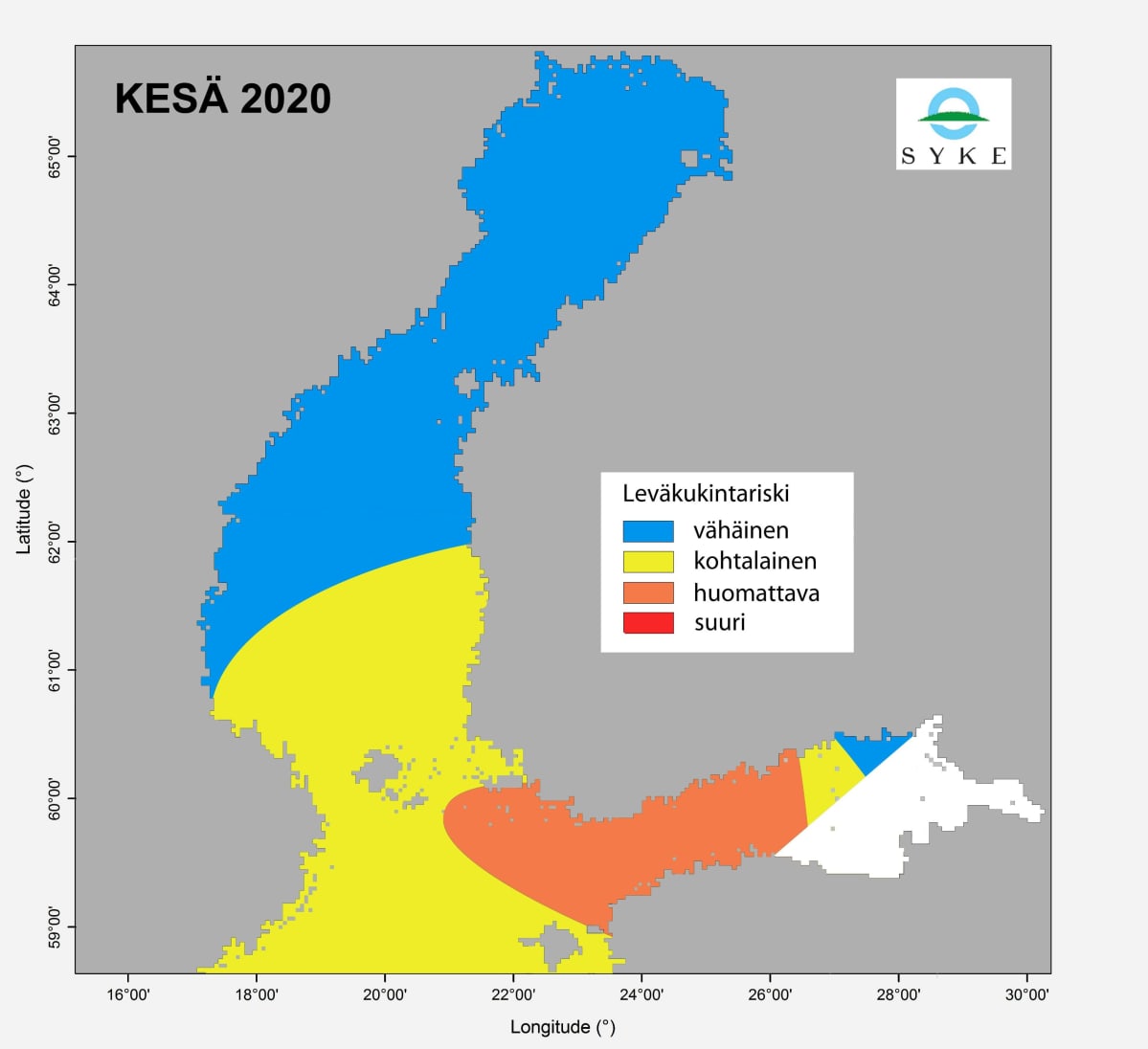 Suomen ympäristökeskuksen leväennustekartasta näkyy, että sinileväriski on huomattava Suomenlahdella Etelä-Suomen rannikolla.