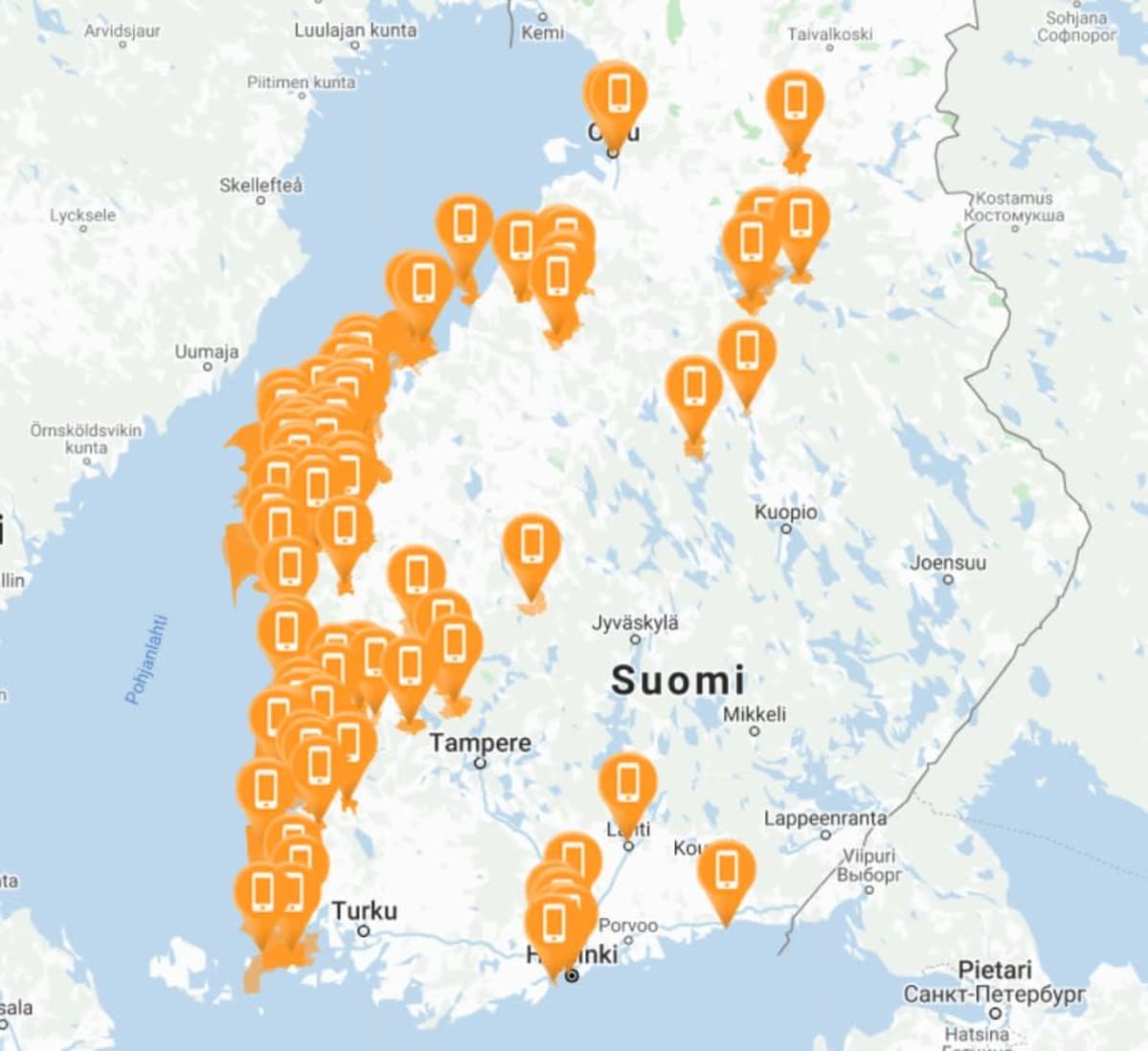 Elisan matkapuhelinverkon häiriökartta 17.9.2020