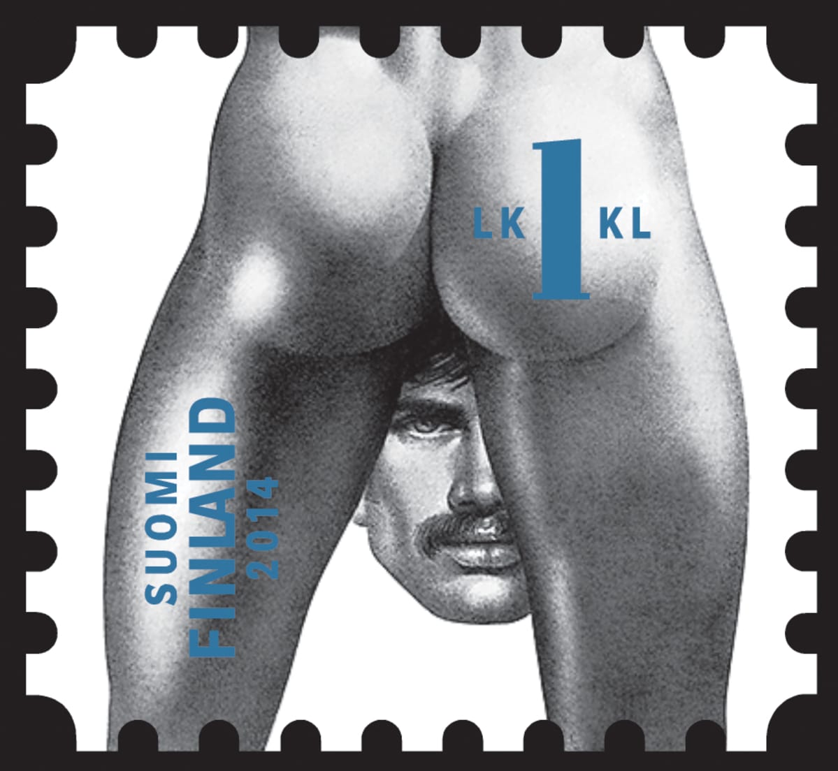 Timo Berryn suunnittelema postimerkki Tom of Finland / mies ja pakarat.