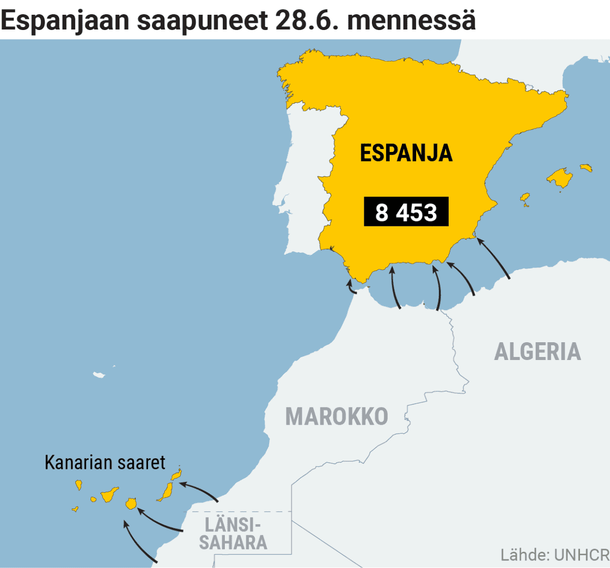 Infokartta Espanjaan saapuneista.