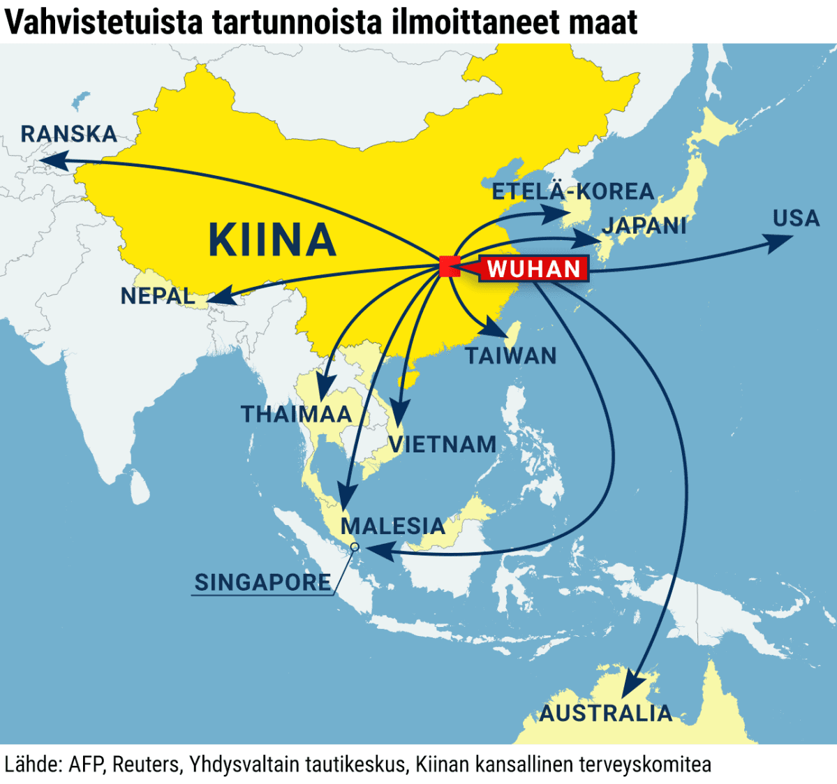 Vahvistetuista koronatartunnoista ilmoittaneet maat. Kiina, Etelä-Korea, Japani, Taiwan, Thaimaa, Vietnam, Singapore, Usa, Ranska, Nepal, Malesia ja Australia. Lähde: AFP, Reuters, Yhdysvaltain tautikeskus, Kiinan kansallinen terveyskomitea.