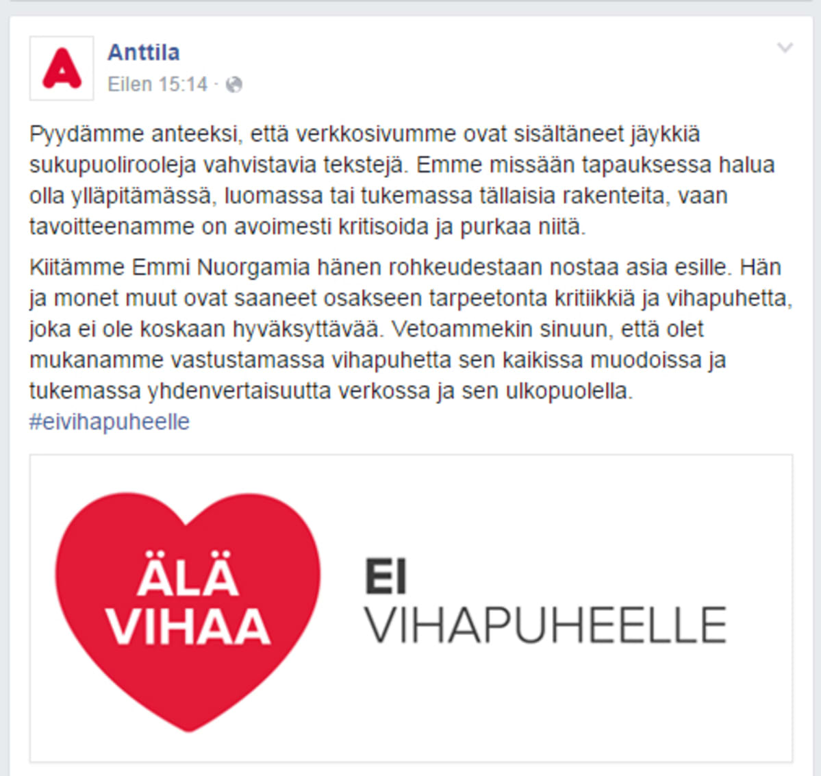 Anttilan Facebook-päivitys.