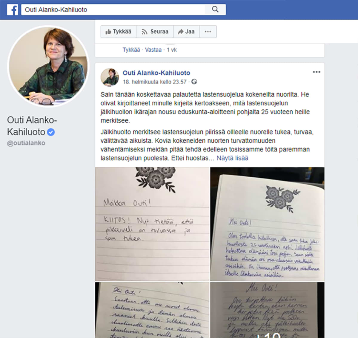 Kuvakaappaus Outi Alanko-Kahiluodon Facebook-sivulta.