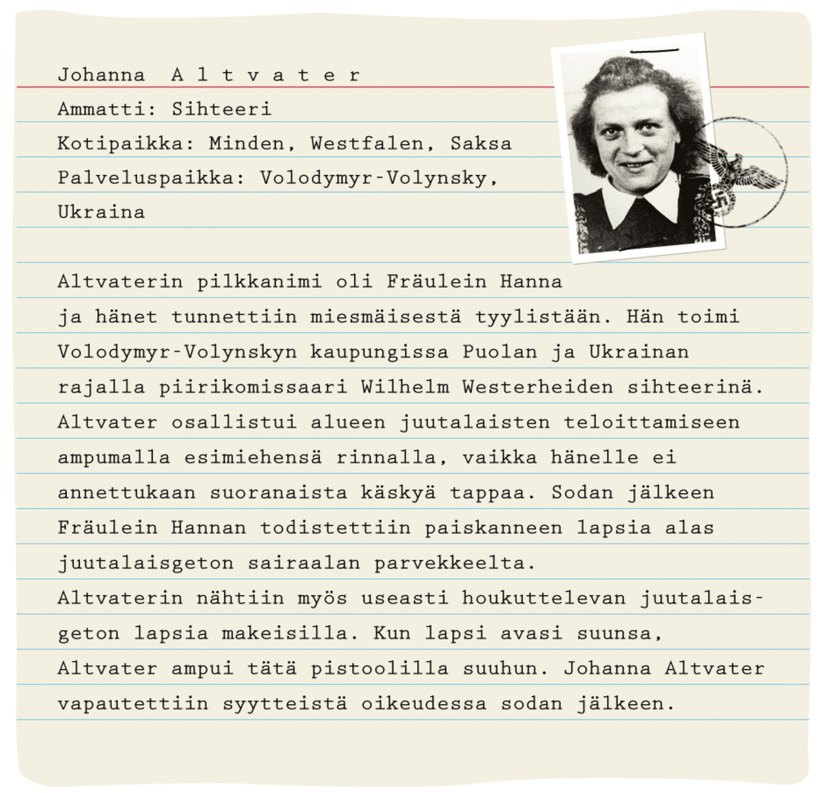 Henkilökortti: Johanna Altvater, sihteeri. Kotipaikka Miden, Westfalen. Palveluspaikka Volodymyr-Volynsky, Ukraina.