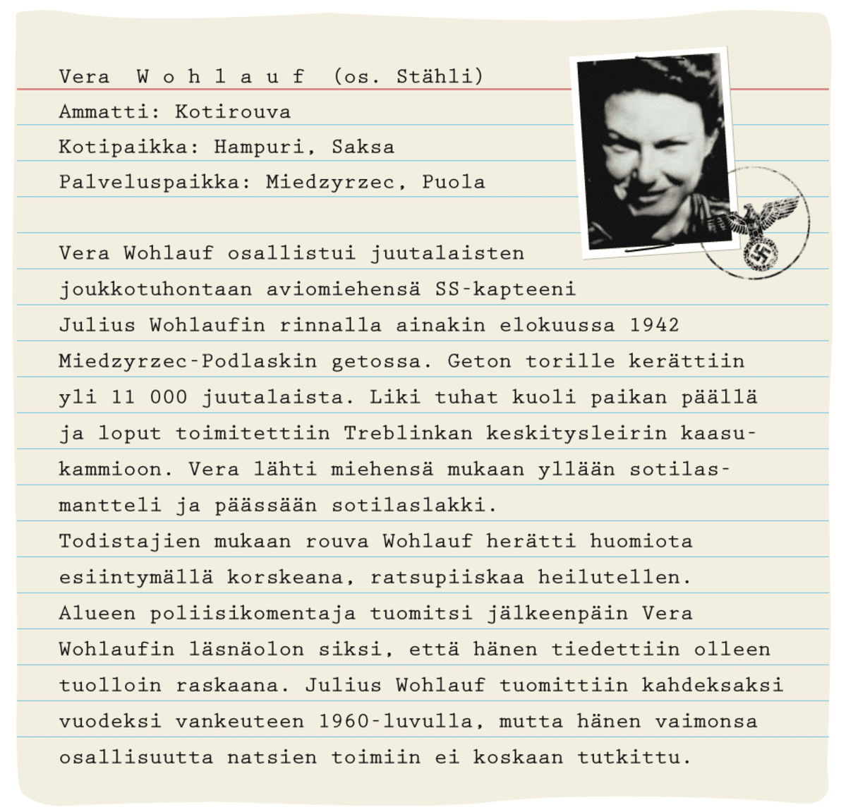Vera Wohlauf (os.Stähli), Kotipaikka: Hampuri, Saksa. Palveluspaikka: Miedzyrzec, Puola.