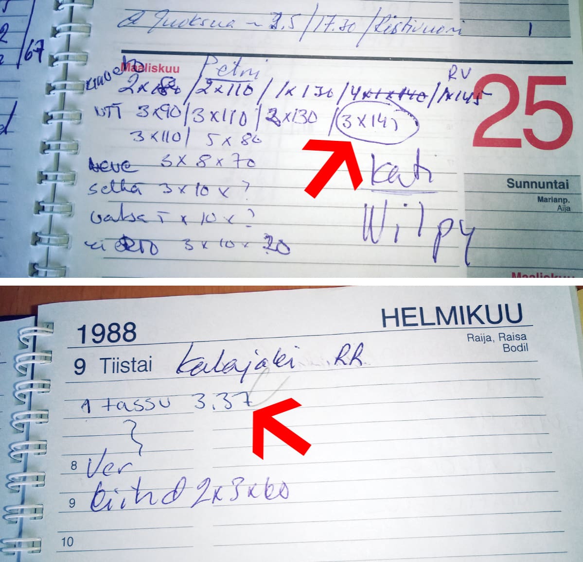 Valmentaja Esa Pyhälän päiväkirjamerkintöjä Petri Keskitalon harjoitustuloksista