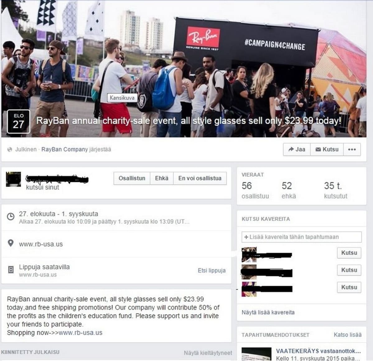facebook, kuollut mies markkinoi, Ray ban -kampanja