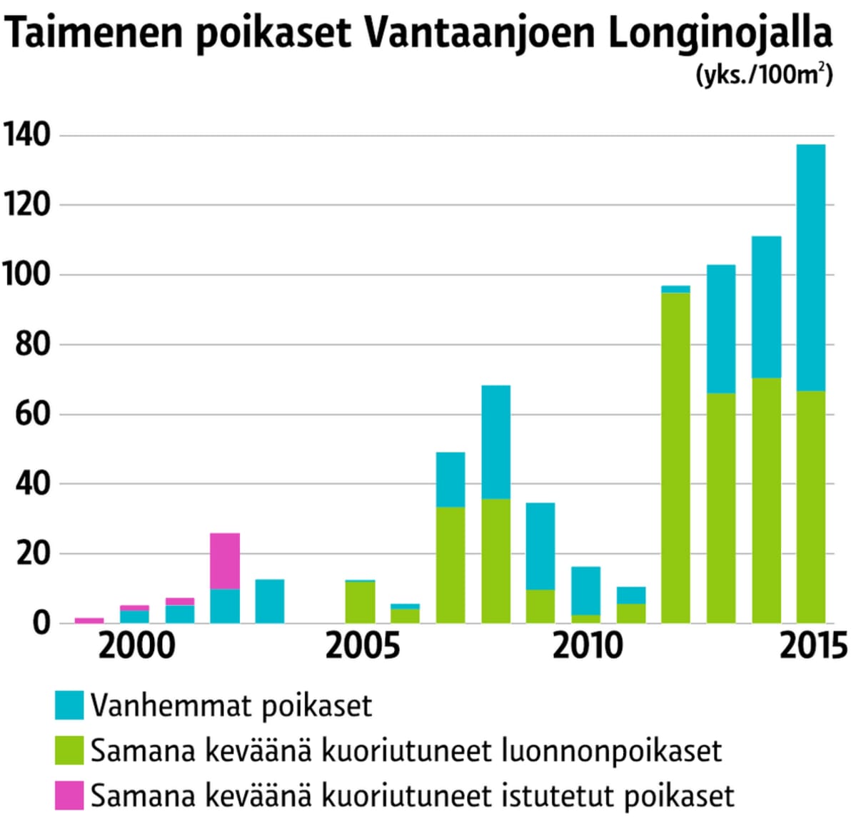 Taimenen poikasten määrä Vantaanjoen Longinojalla on kasvanut merkittävästi viime vuosina.