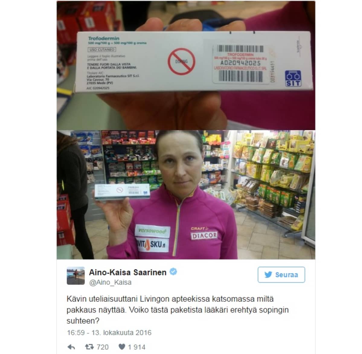 Kuvakaappaus Aino-Kaisa Saarisen Twitter-tililtä.