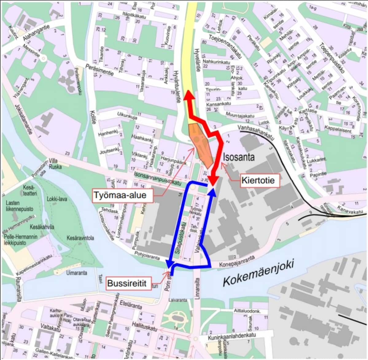 Kartta Siltapuistokadun kiertoliittymän työmaan aiheuttamasta kiertoreitistä.