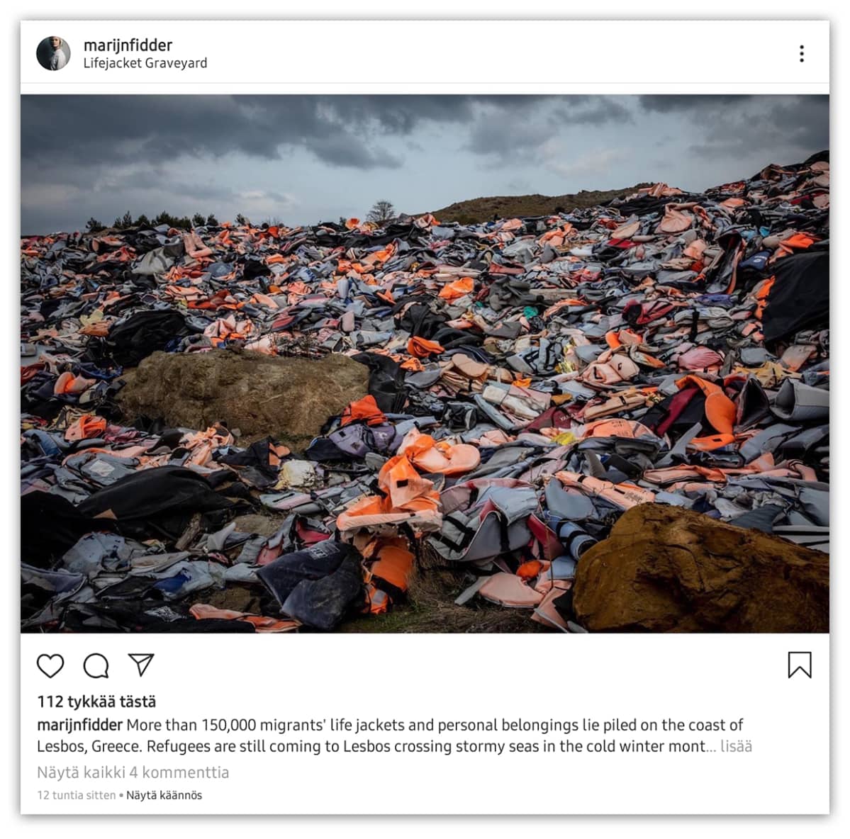 Instagram-päivitys, jossa kuva pelastusliivivuoresta Lebosin saarella Kreikassa.