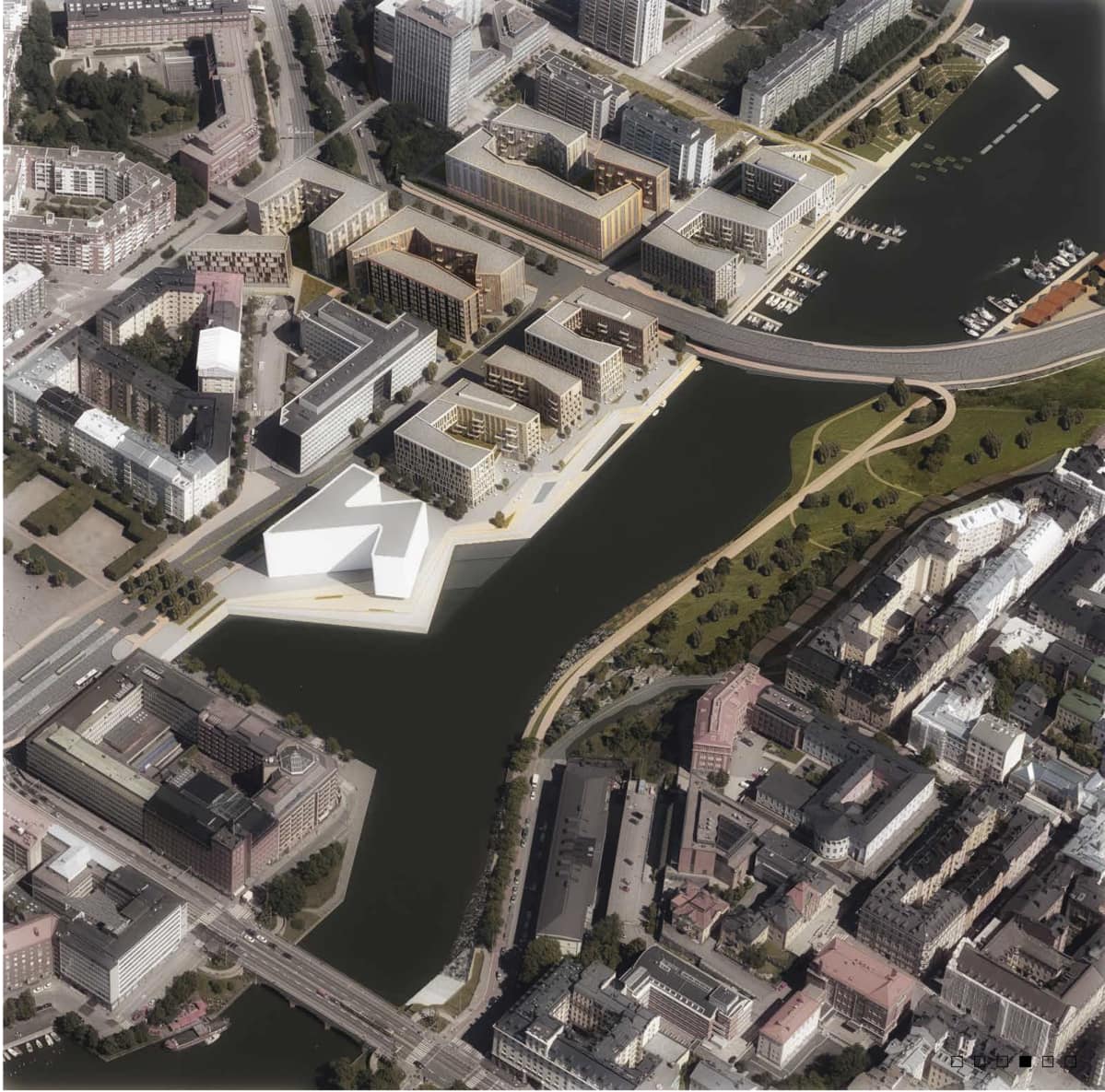 Havainnekuva Hakaniemenrannan ideakilpailun voittaneesta ehdotuksesta Cinque palazzi. Ehdotuksen tekijät ovat Arkkitehtitoimisto Harris-Kjisik Oy ja VSU maisema-arkkitehdit Oy.