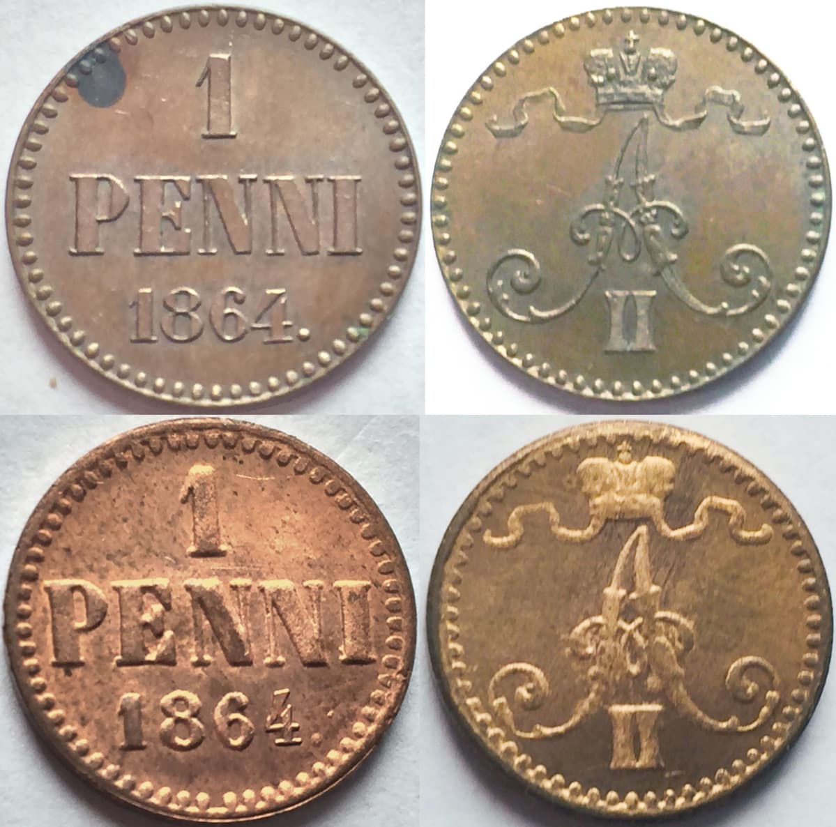 Väärennettyjä ja aitoja vuoden 1864 pennejä pennejä