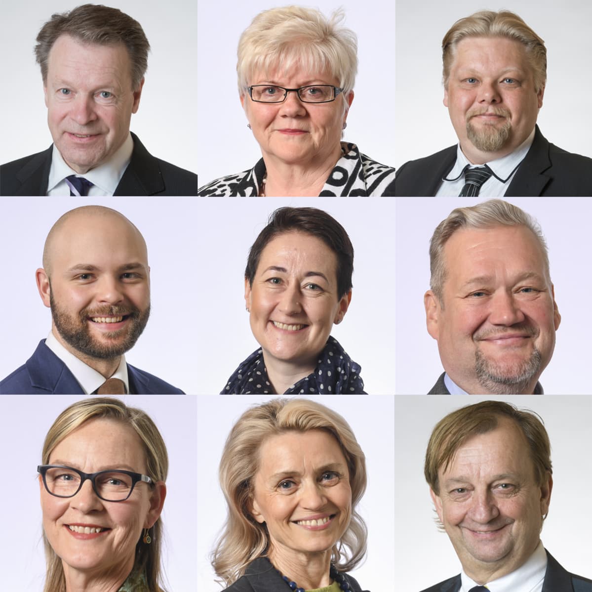 Ylhäältä: Ilkka Kanerva (kok.) , Tuula Väätäinen (sd.), Jari Ronkainen (ps.), Joonas Könttä (kesk.), Hanna Holopainen (vihr.), Jari Myllykoski (vas.), Eeva Biaudet (r.), Päivi Räsänen (kd.) ja Harry Harkimo (liik.).