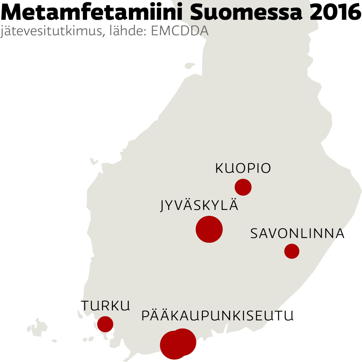 Kartta, metamfetamiini Suomessa.
