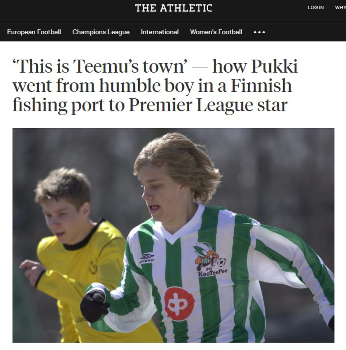 The Athleticin otsikko: "This is Teemu's town" - how Pukki went from humble boy in a Finnish fishing port to Premier League star