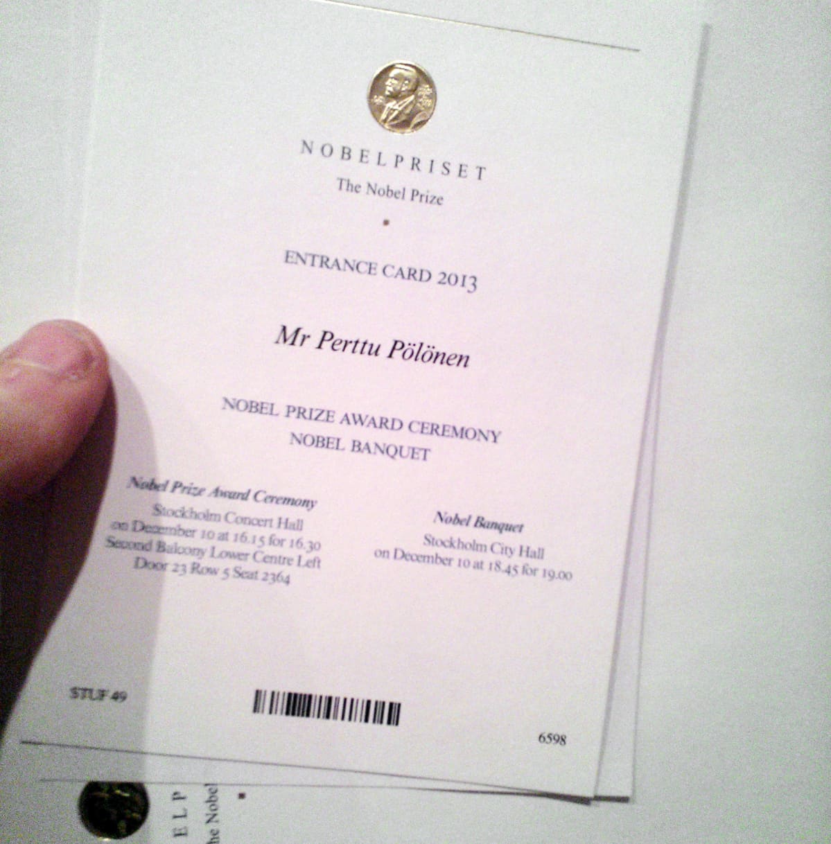 Nobel-juhlan sisäänpääsykortti.