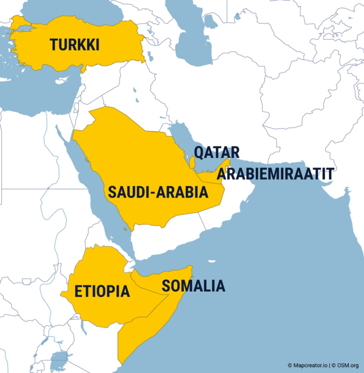 Somalia, Saudi-Arabia, Arabiemiraatit, Qatar ja Turkki kartalla