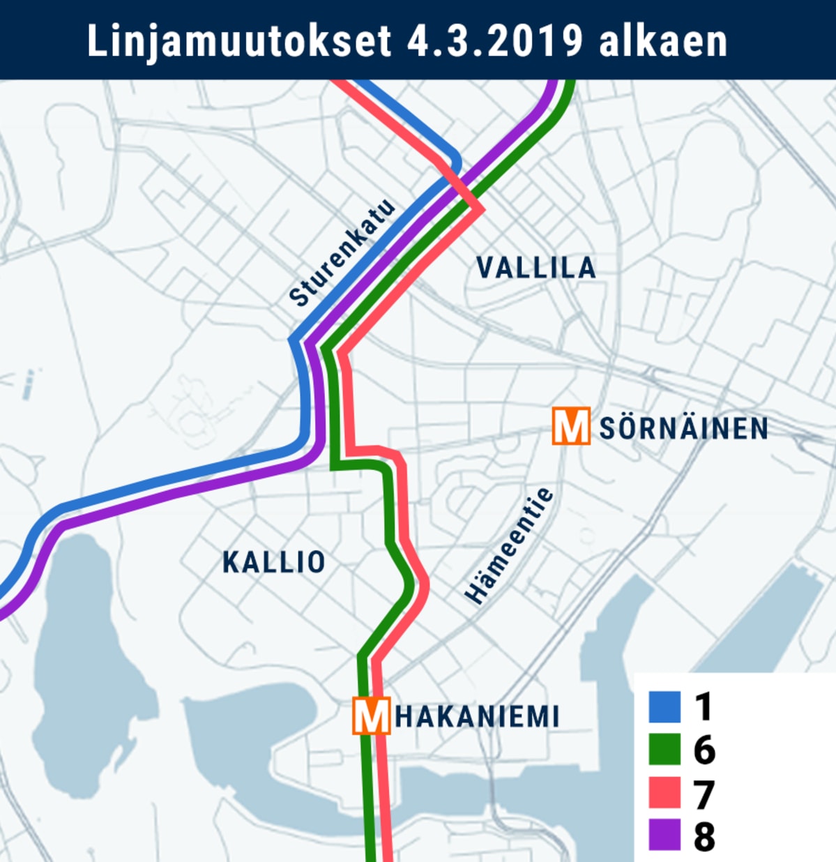 Raitiolinjojen 1,6,7 ja 8 poikkeusreitti Hämeentien remontin aikana